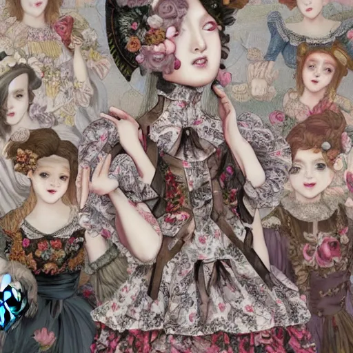 Image similar to 8k, realism, renaissance, baroque, group of creepy young ladies wearing renaissance long harajuku manga dress with flowers and skulls, background chaotic flowers