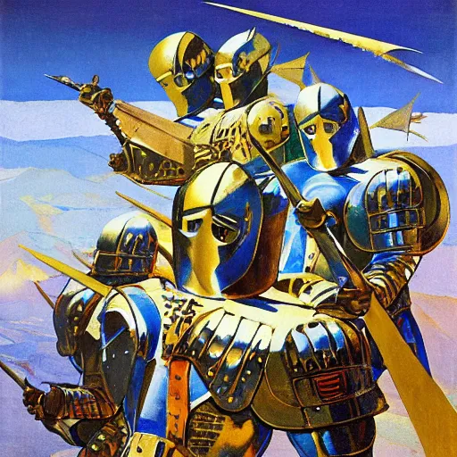 Prompt: a painting of shining metal medieval armors soldiers by bruce pennington nicholas roerich, by frank frazetta, by amazon, by georgia o keeffe, reflective metallic