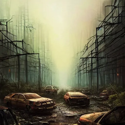 Image similar to wild forest!!! vegetation!!!, rubble!!, rusty cars!!, postapocalyptic city of munic!!, hyperrealistic, highly detailed, cinematic, foggy light from fires, beautiful, cgssociety, artstation, 8 k, oil painting by greg rutkowski, by artgerm, by wlop