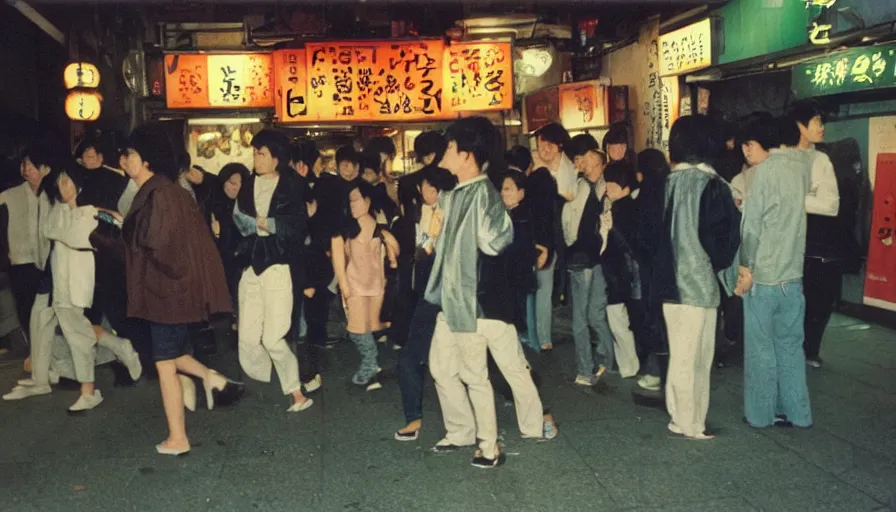 Prompt: masterful photography by haruto hoshi and yang seung woo and saul leiter, young people enjoying night life in kabuki cho japan in the 1 9 9 0 s, film grain, full color, shot on kodak gold with a canon 3 5 mm lens aperture f / 5. 6, hyperrealistic