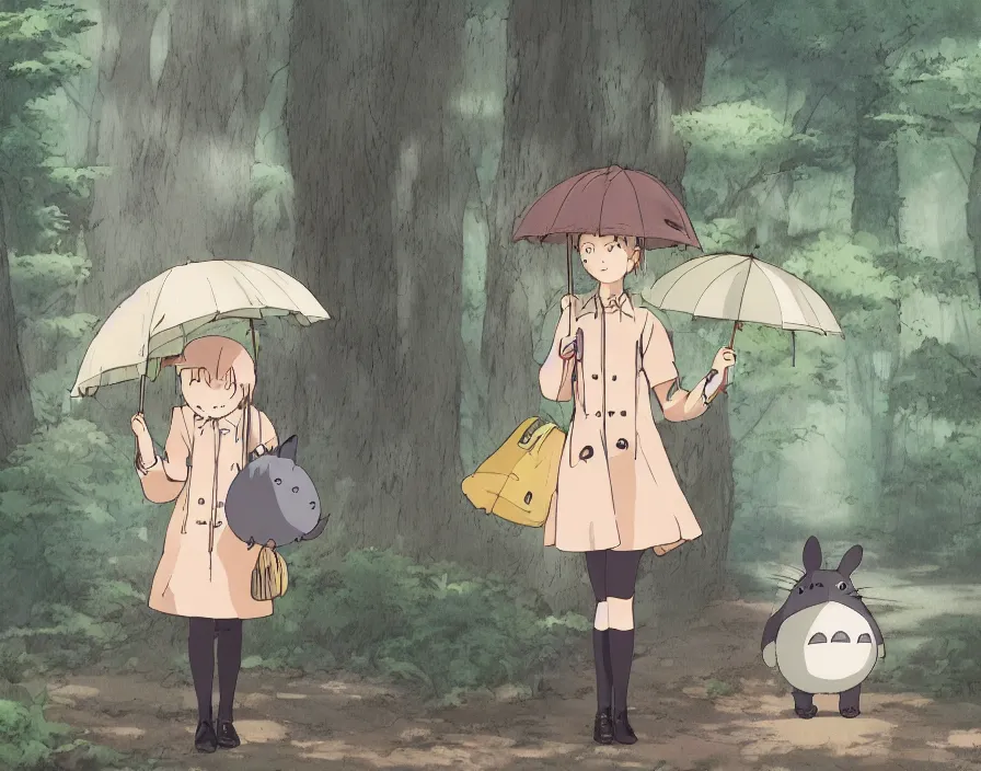 Prompt: A female Retzling with short blond air, standing with Totoro at a japanese bus stop, holding an umbrella, in the dark forest, rainy night, film screenshot, Studio Ghibli, Hayao Miyazaki,trending on artstation, —TEST