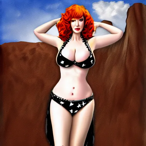 Image similar to christina hendricks with cow girl bikini, digital art