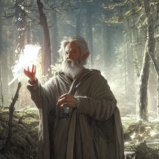 Image similar to a mysterious elf, glowing and wearing a loose robe, levitating and surrounded by an orb of infinite energy, Ivan Shishkin and Greg Rutkowski
