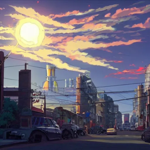 Prompt: the sun is exploding and a giant robot in Northend the italian neighborhood Boston, MA in anime style a epic masterpiece and highly detailed by Makoto Shinkai and Raphael Lacoste