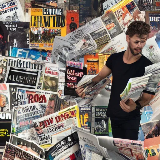 Prompt: a professional photographic collage and a young angry man ripping the magazines and newpapers, high definition, highly detailed, photo-realistic, unreal engine render, 16k