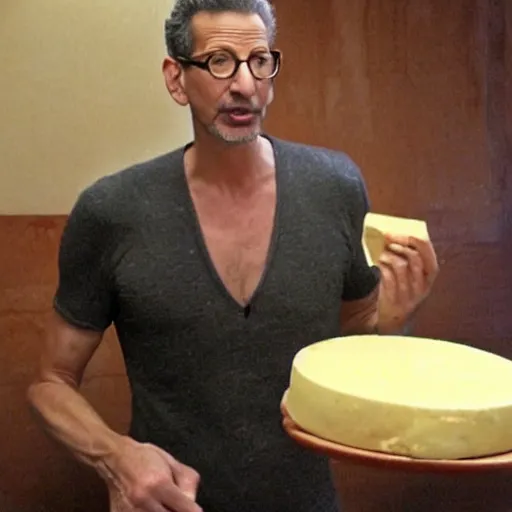 Image similar to jeff goldblum eating a large wheel of cheese,