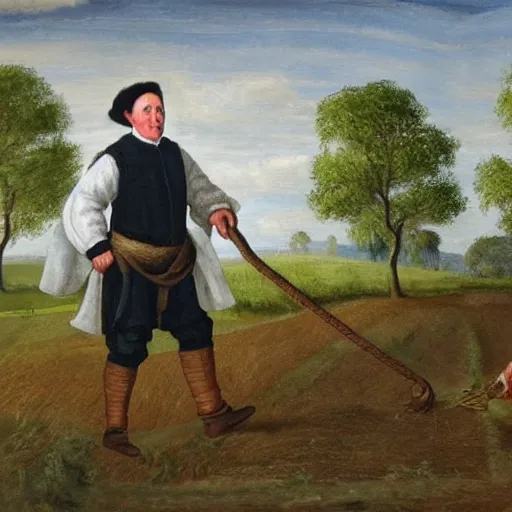 Prompt: david cameron as a 1 7 th century peasant toiling in the fields, painting, restored, 1 7 th century art