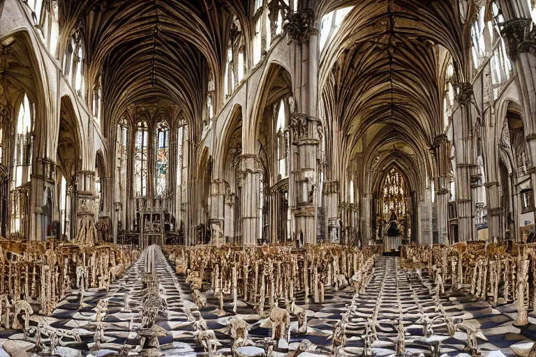 Prompt: a wide angle shot of a cathedral interior made of bones in the style of sedlec ossuary,