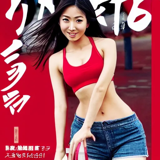 Prompt: beautiful asian woman in red sports bra standing in front of car on a japanese magazine cover, bare midriff, one foot raised off the ground, full body portrait, eye contact, smiling, drawn by sakimichan and artgerm and WLOP