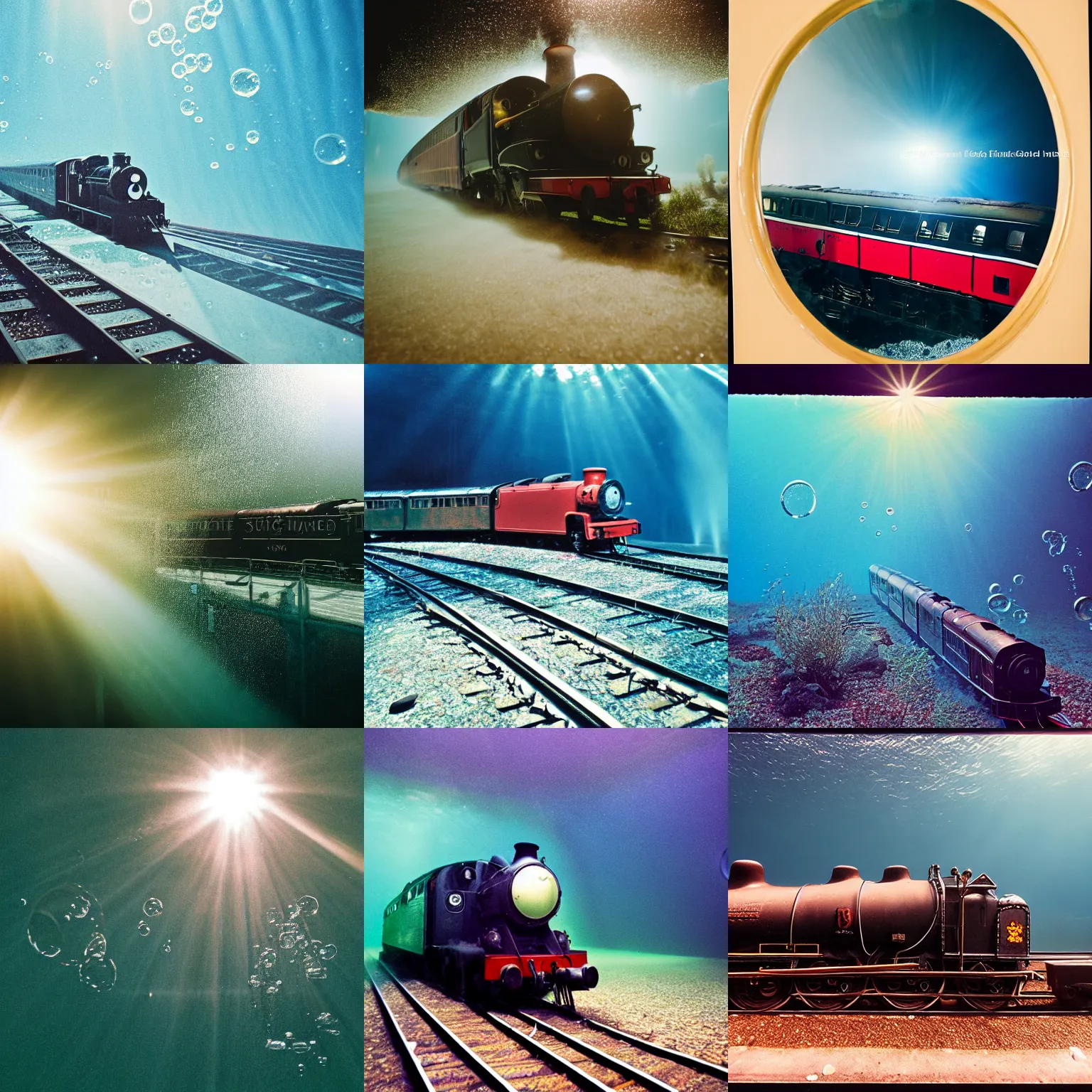 Prompt: A steam train, underwater, sun streaming in, water bubbles, particulate, extremely detailed, studio lighting, Fujicolor 400