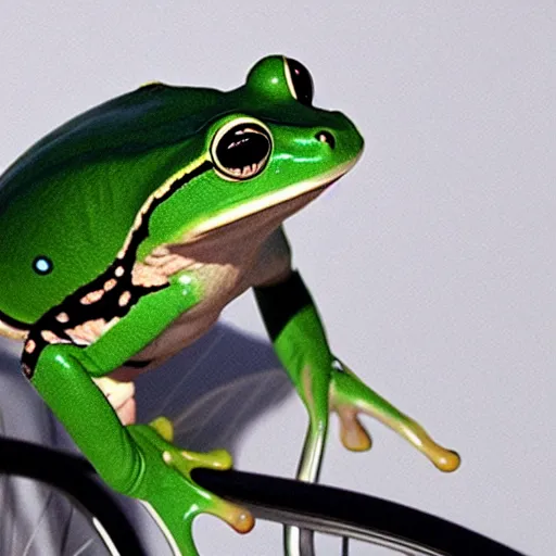 Prompt: photograph of a frog riding a bicycle