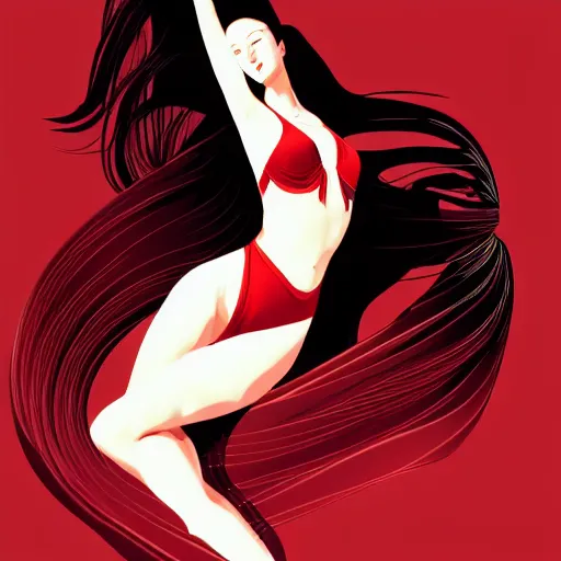 Prompt: a vector illustration of a beautiful woman dancing by bayard wu, complex shading, highly detailed, adobe illustrator, digital art, trending on artstation