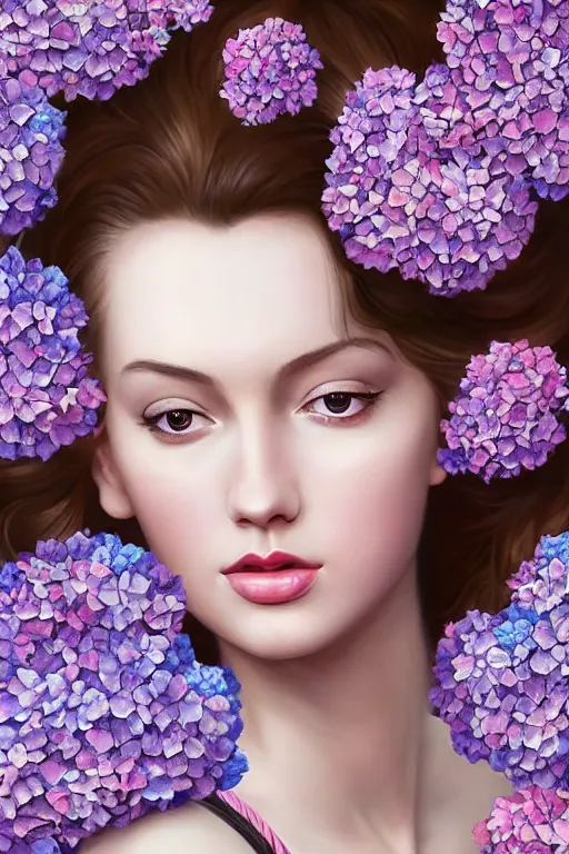 Prompt: hyper realistic digital painting a beautiful young sexy woman morphing into a garden of hydrangea flowers, girl looks like a mix of Audrey Hepburn and Taylor Swift portrait , painting by Tom Bagshaw and Ayami Kojima, perfect skin, perfect face, gorgeous, symmetrical face, symmetrical body, artgerm, long flowing hair, realistic, photorealistic, editorial photograph, DnD portrait, Magic the Gathering, detailed, intricate, focused, muted colors, trending on artstation