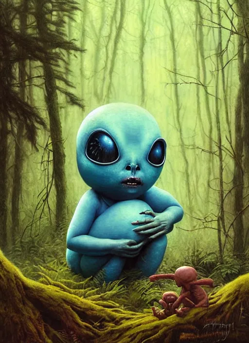 Image similar to cuddly friendly alien in the woods by a river gorgeous lighting, lush forest foliage blue sky a hyper realistic painting by chiara bautista and beksinski and norman rockwell and greg rutkowski, tom bagshaw weta studio, and lucasfilm