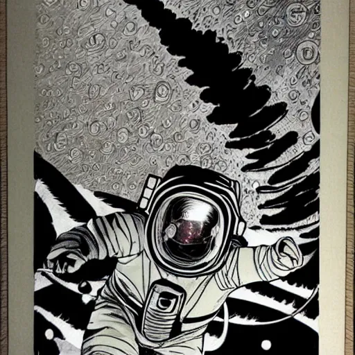 Image similar to an astronaut floating in space, manga panel, intricate, by tatsuki fujimoto, by junji ito