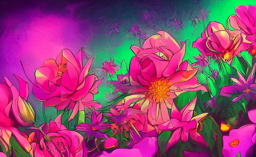 Image similar to flowers, retrowave epic art, trending on art station