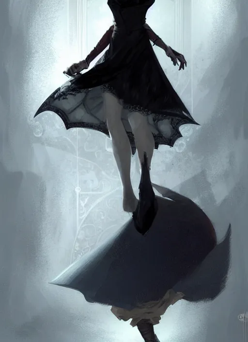 Image similar to dnd character concept art by craig mullins and tom bagshaw of full body!! illustration of a beautiful platinum blonde victorian maid. beautiful slender face, playful updo, big blue eyes, fine pointy chin, slender nose, high cheek bones, soft lips. maid in a black dress with white apron. lace, embroidery, leather, studs.