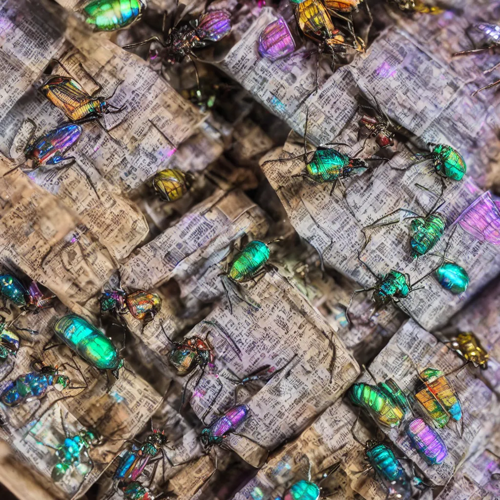 Image similar to a small collection of iridescent insects, inside boxes with newspaper. top down photo, close macro photo. studio photo, 8k