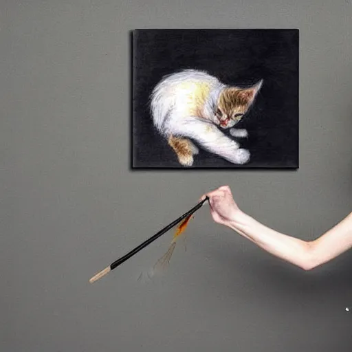 Image similar to A crying painter screams at a canvas, on the canvas is a simple stick figure drawing of a cat