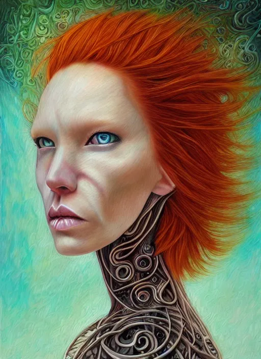 Image similar to biopunk ethereal ginger cyborg portrait by julie bell, intricate biopunk patterns, detailed!, very sharp!!!