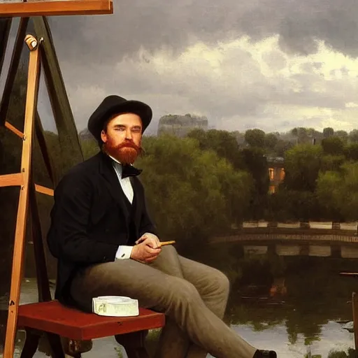 Prompt: mcgregor is dressed as a gentleman at early 2 0 th century paris. he is watching an easel. that easel has a canvas on it. ewan mcgregor has a brush on his hand. he is painting a painting. on background has river seine, morning sun, dark clouds, lightning, by william - adolphe bouguereau
