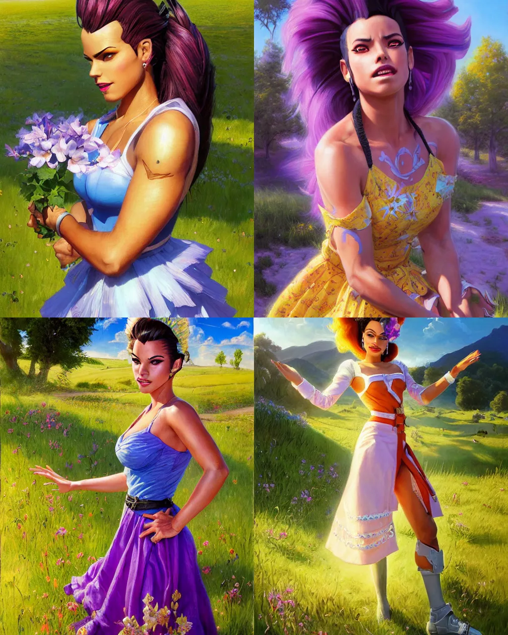 Prompt: portrait, sombra from overwatch wearing a beautiful summer dress in the countryside, by greg staples and jeff easley, beautiful scene, hyperrealistic, intricate, summer day, sunlight, cheerful, soft lighting, detailed