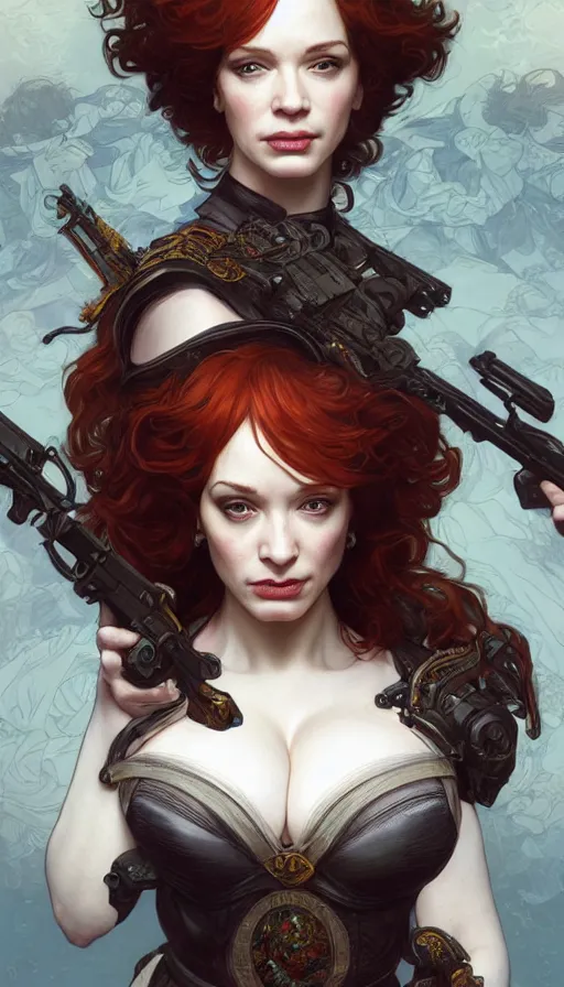 Image similar to Christina Hendricks, perfectly-centered-photograph of Christina Hendricks, sweaty, dynamic action pose, insane, intricate, highly detailed, Zeiss Lens, artstation, smooth, sharp focus, illustration, Unreal Engine 5, 8K, art by artgerm and greg rutkowski and alphonse mucha