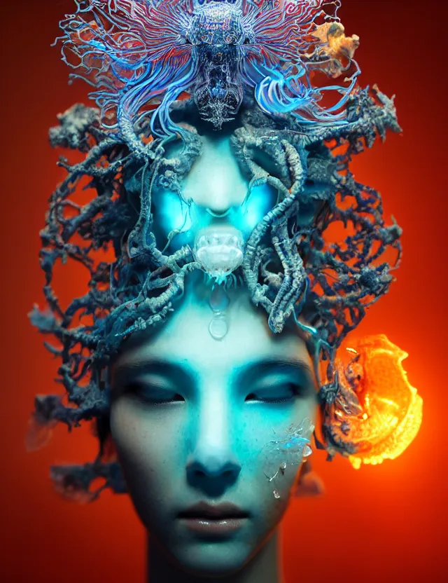 Image similar to goddess macro close - up portrait wigh crown made of ram skull. betta fish, jellyfish phoenix, bioluminiscent, plasma, ice, water, wind, creature, super intricate ornaments artwork by tooth wu and wlop and beeple and greg rutkowski