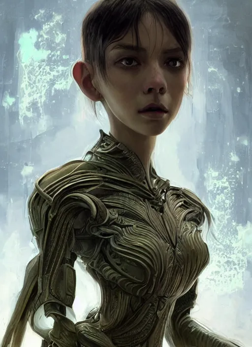 Image similar to a professional painting of a beautiful young female alien, clothed in ethereal armor, olive skin, long dark hair, beautiful bone structure, symmetrical facial features, intricate, elegant, digital painting, concept art, smooth, sharp focus, illustration, from Valerian and the City of a Thousand Planets, by Ruan Jia and Mandy Jurgens and Artgerm and William-Adolphe Bouguerea