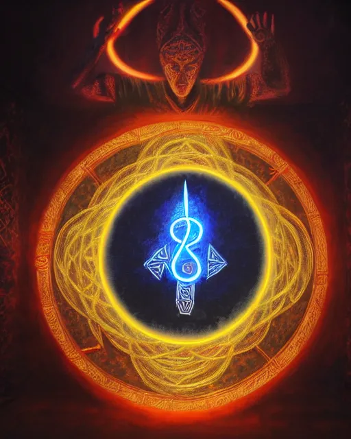 Image similar to enamel painting of mage reciting an incantation and standing on glowing circular runes in the middle of dark room, high production value, intricate details, high resolution, hyperrealistic, hdr, high definition, masterpiece, ultra realistic, highly detailed, hd, sharp focus, non blurry, sharp, smooth