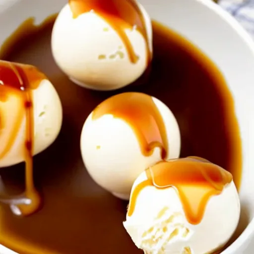 Prompt: closeup of a bowl with three balls of vanilla ice cream covered with caramel sauce and sprinkles. Simplistic.