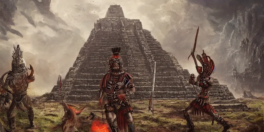 Prompt: A fierce Aztec warrior watches aliens landing at an Aztec temple. epic sci-fi fantasy artwork by Sylvain Lorgeou. Trending on artstation