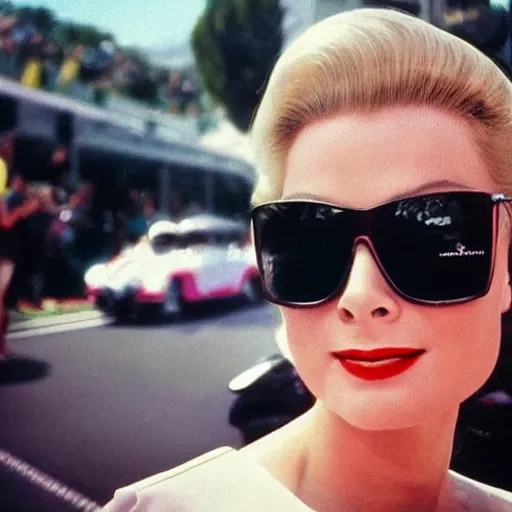 Image similar to selfie smartphone photo of a young Grace Kelly at the Monaco Gran Prix, F1 cars blurred in background, iphone photo, smartphone resolution, trending on instagram, influencer photography