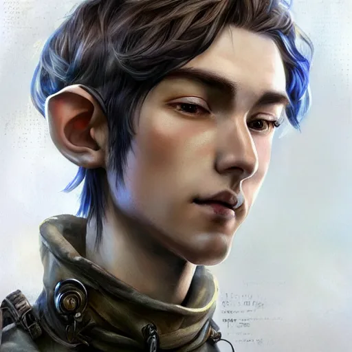 Image similar to portrait of an elf by ayami kojima, he is about 2 0 years old, russian, manly, short brown hair, slender and tall, friendly and smart, he is wearing a modern tactical gear, scifi, highly detailed portrait, digital painting, artstation, concept art, smooth, sharp foccus ilustration, artstation hq