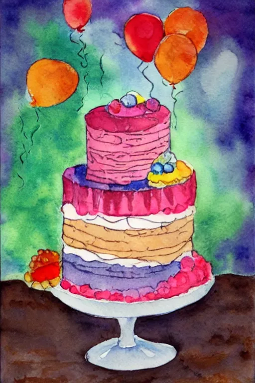 Prompt: birthday cake, postcard, watercolor, color theory