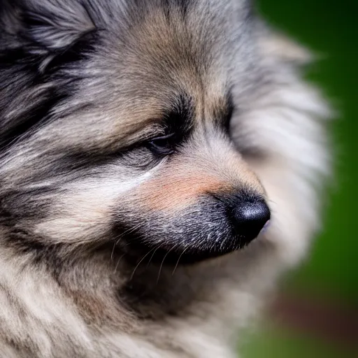 Image similar to a keeshond puppy sniffing a flower, sigma 8 5 mm f / 1. 4