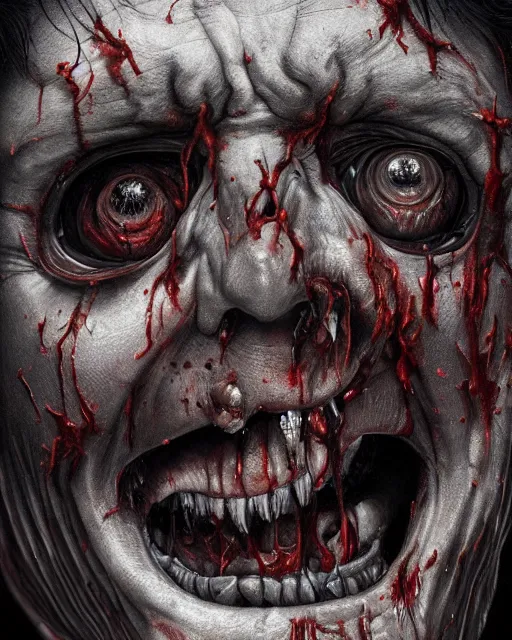 Image similar to Haunting horrifying hyperrealistic detailed painting of a huge muscular hulking flesh demon covered in thick black blood and bone showing through holes in the flesh, disgusting, creepy, unsettling, and bloodshot eyeballs, hyper detailed, trending on Artstation