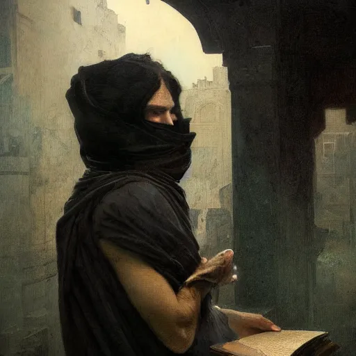 Image similar to half portait of magican wearing a closed cowl and big old book! chained to the wrist, jeremy mann, jean - leon gerome, tiepolo, alphonse mucha, greg rutkowski, face in the shadows, ( ( ruins of ancient rome ) ), at dusk, mysterious atmosphere, sunrays, dof, high detailed, 8 k