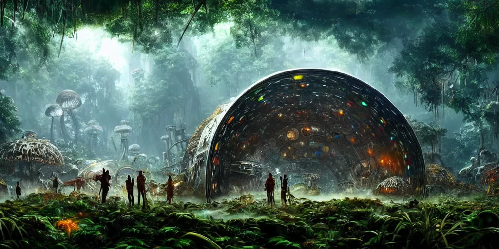 Image similar to a very colossal shining chrome metal arch is surrounded by jungles and mushrooms, retro - futuristic, science - fantasy, rusted, fungal, salt, lgbt, queer, rpg, epic, dungeons & dragons, sacred, sharp focus, award - winning, extremely detailed, 4 k, 8 k