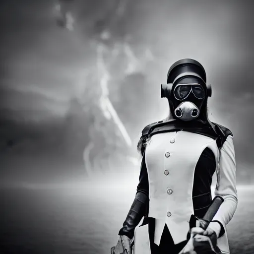 Prompt: agent woman with white suit, she wear gasmask, in mordor, standing close to Sauron's eye, fire raining, professional photography, black and white, cinematic, eerie