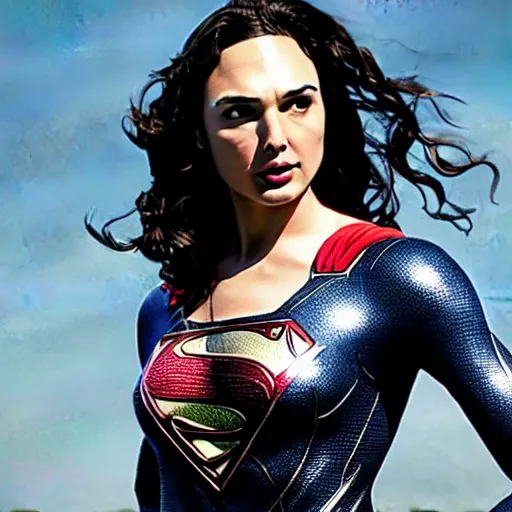 Prompt: an potrait of gal Gadot cast of movie man of steel and wearing a superman suit .