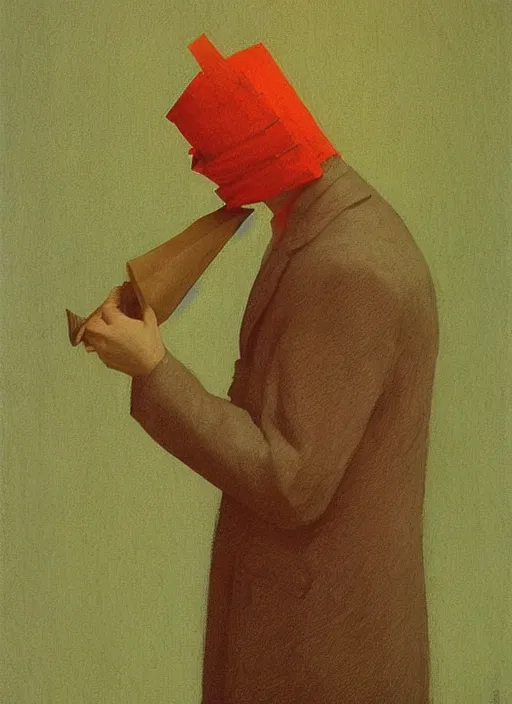 Image similar to man with a paper bag over the head and a sward Edward Hopper and James Gilleard, Zdzislaw Beksinski highly detailed