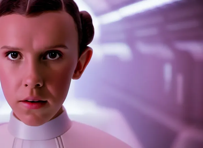 Image similar to film still of!!!! millie bobby brown!!! as princess leia in star wars movie, hair pulled back, closeup portrait, wearing long white robe, deep focus, exploring interior of a spaceship, glamour pose, dramatic lighting, octane, mist, volumetric lighting, 8 k