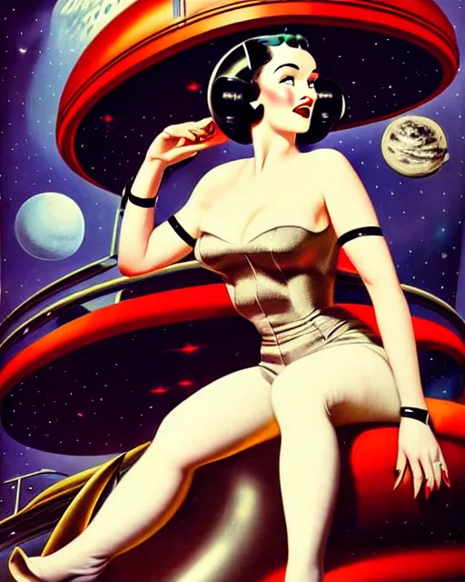 Prompt: retro space dita von teese varga girl posing on a space ship in dieselpunk city, windblown dark hair, retro pinup model, seductive, 1 9 4 0, hyper detailed, digital art, smooth, sharp focus, anna dittmann, gil elvgren, alberto vargas.
