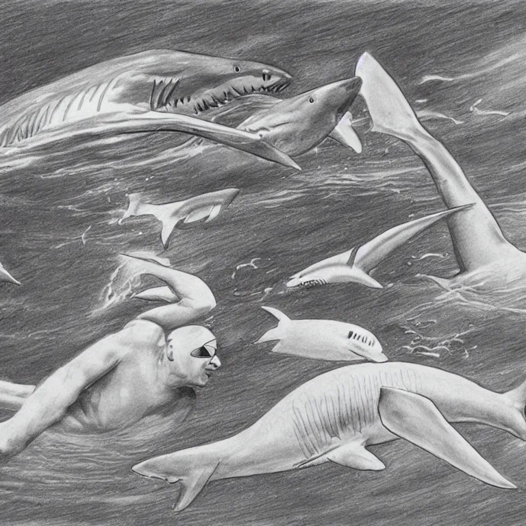 Image similar to a professional drawing of a swimming race between a man (swimming freestyle) and a shark (his head emerging from the water) in an Olympic swimming pool, the race is close