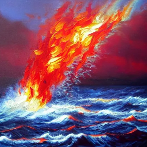 Image similar to Beautiful oil painting. Fire tornado in the open ocean. Raging sea. Catastrophe. Small sailboat. Crimson tones, Scarlet tones.