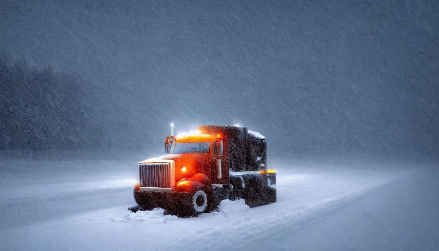 Image similar to A cozy Snowplow! stuck in the heavy snow of a beautiful snowy landscape. A blizzard and heavy snow falls. Fog and mist, highly detailed, concept art, digital art, 4k, high snow