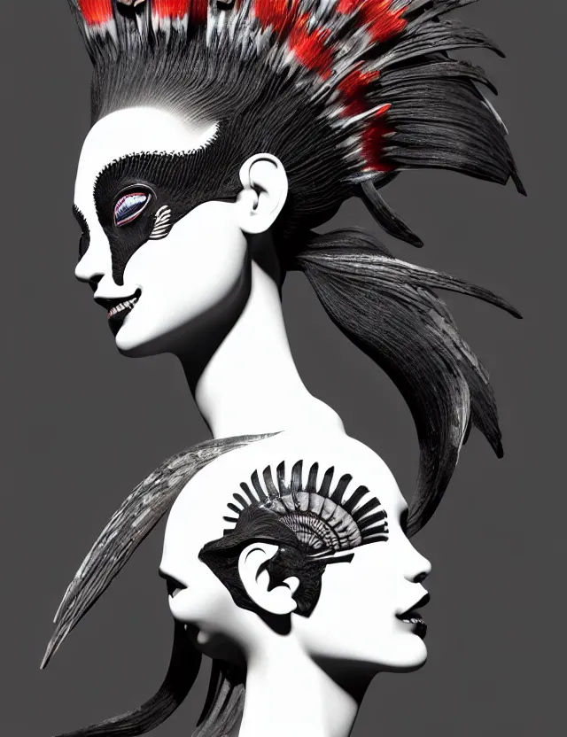 Image similar to 3 d goddess close - up profile simple portrait punk with mohawk with goat skull. beautiful intricately detailed japanese crow kitsune mask and clasical japanese kimono. betta fish, jellyfish phoenix, bio luminescent, plasma, ice, water, wind, creature, artwork by tooth wu and wlop and beeple and greg rutkowski