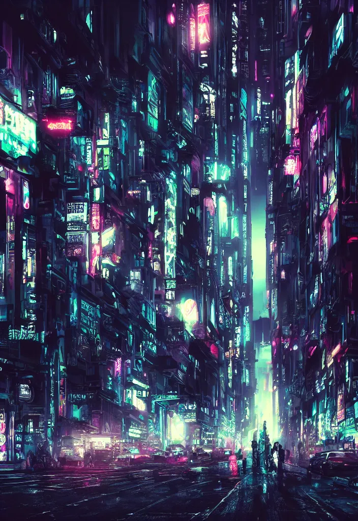 Image similar to concept art of a magnificent dark neon futuristic cyberpunk city bustling street at night cyberart in the style of liam wong, dramatic and moody, masterpiece, matte finish, 8 k, high resolution, film grain