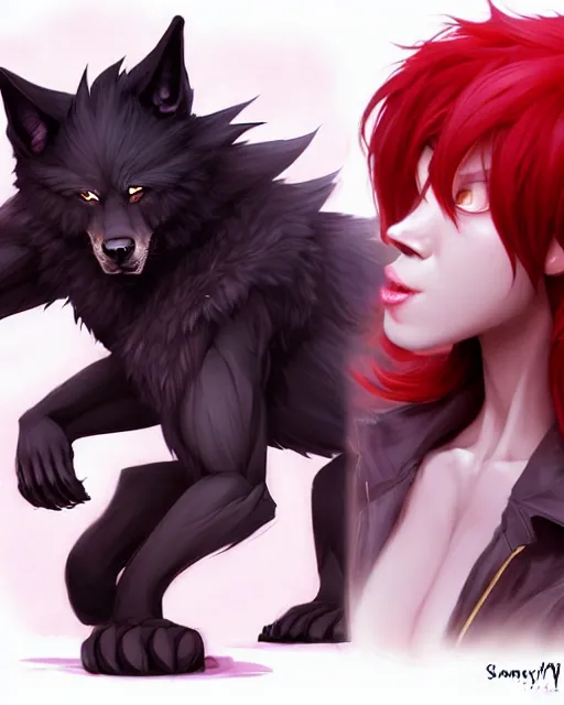 Image similar to character concept art of a black anthropomorphic male furry wolf long red hair | | cute - fine - face, pretty face, key visual, realistic shaded perfect face, fine details by stanley artgerm lau, wlop, rossdraws, james jean, andrei riabovitchev, marc simonetti, and sakimichan, trending on artstation